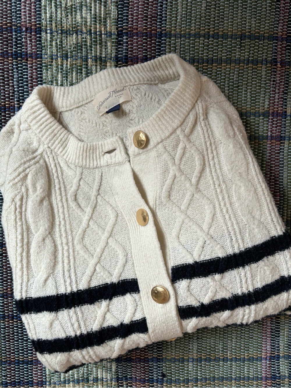 Cable Knit Button-Front Sweater Cardigan - Cream with Navy Stripes